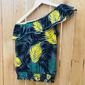 Off shoulder Island Floral Shirt Jade/Black/Yellow